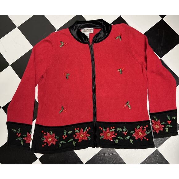 Vintage Tiara International Christmas Sweater Pointseta Cardigan XL Granny Glam - Picture 1 of 12
